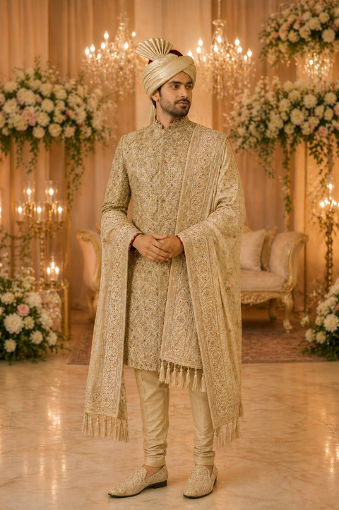 Classic Gold Embroidered Sherwani – Complete Groom Set