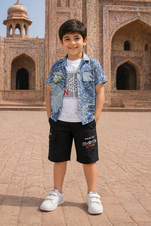 3-Piece Boys Casual Summer Outfit – Printed Shirt, Graphic Tee & Cargo Shorts Set