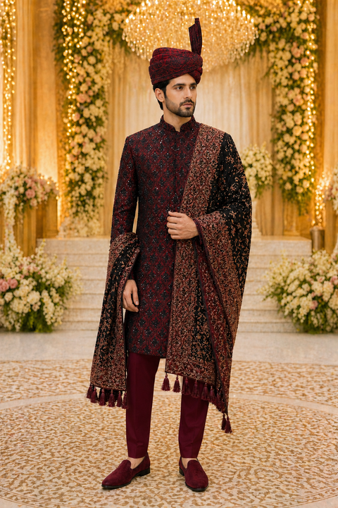 Classic Meiroon Embroidered Sherwani – Complete Groom Set