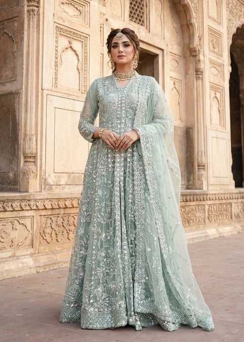 Mint Green Luxury Net Maxi with Masoori Inner & Silk Trouser
