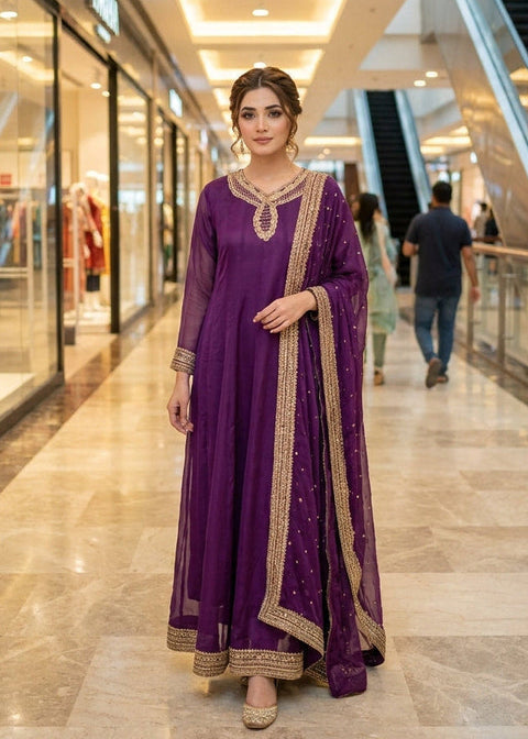 Royal Purple Embroidered Chiffon Maxi Style 3-Piece Suit – Luxury Festive Collection