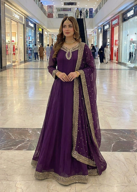 Royal Purple Embroidered Chiffon Maxi Style 3-Piece Suit – Luxury Festive Collection