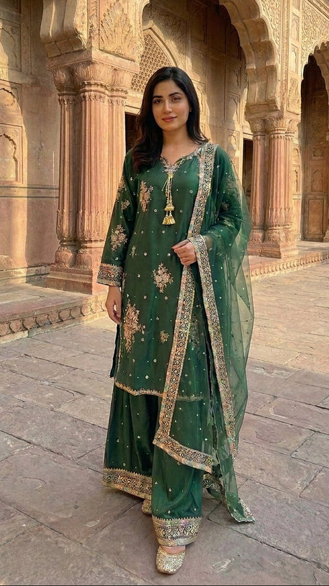 Emerald Green Premium Silk Embroidered 3 Piece Suit for Women | Luxury Festive Collection
