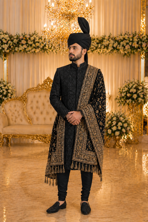 Classic Black Embroidered Sherwani – Complete Groom Set