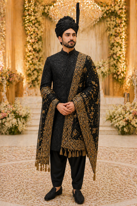 Classic Black Embroidered Sherwani – Complete Groom Set