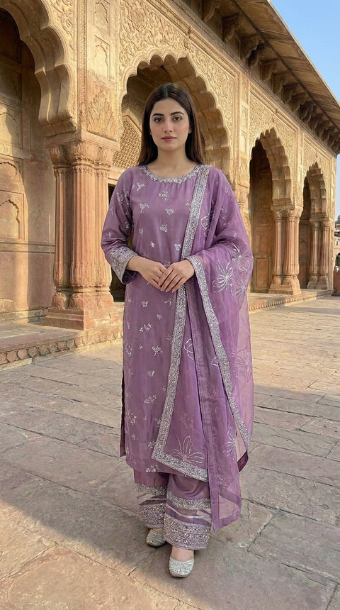 Lilac Purple Premium Silk Embroidered 3 Piece Suit for Women | Luxury Festive Collection