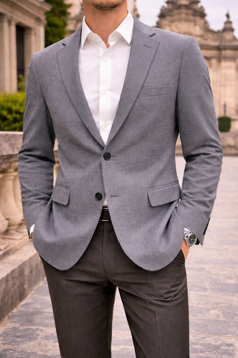Men’s Premium Textured Grey Blazer – Elegant Slim Fit
