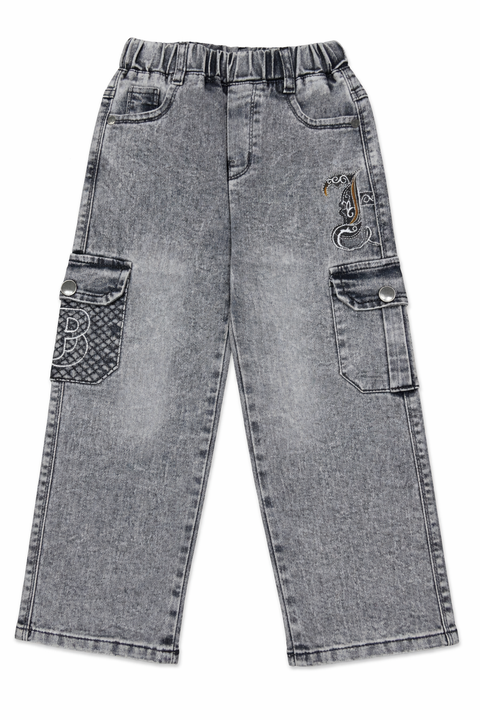 Kids Light Grey Denim Cargo Jeans – Imported, Soft & Wrinkle-Free
