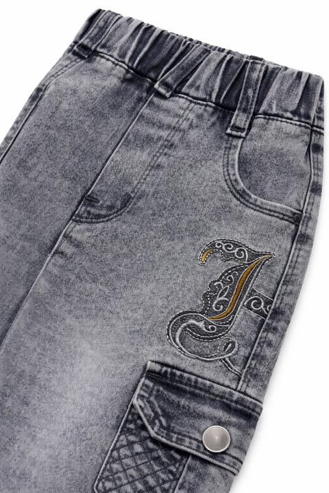 Kids Light Grey Denim Cargo Jeans – Imported, Soft & Wrinkle-Free
