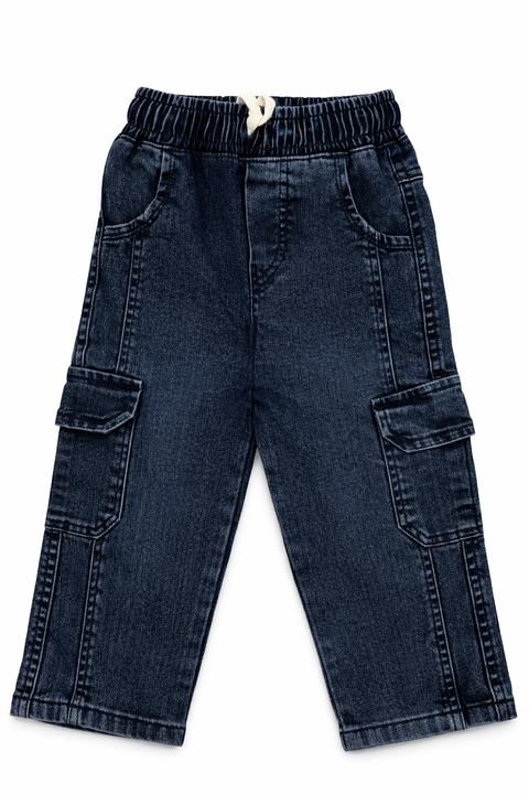 Kids Dark Blue Denim Cargo Jeans – Imported, Soft & Wrinkle-Free