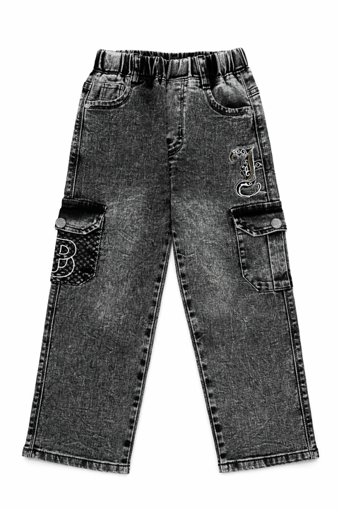Kids Dark Grey Denim Cargo Jeans – Imported, Soft & Wrinkle-Free