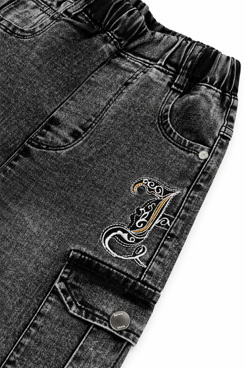 Kids Dark Grey Denim Cargo Jeans – Imported, Soft & Wrinkle-Free