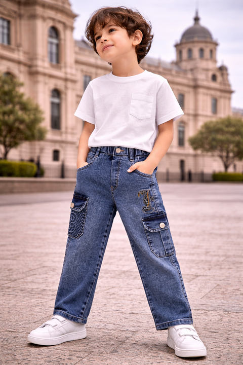 Kids Light Blue Denim Cargo Jeans – Imported, Soft & Wrinkle-Free