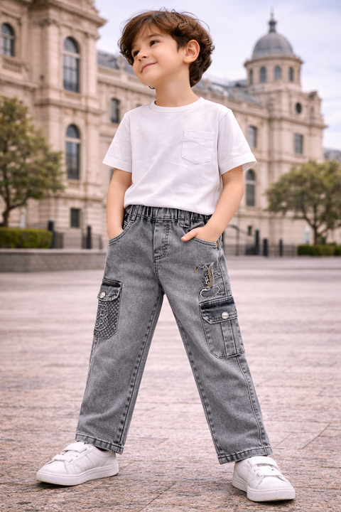 Kids Light Grey Denim Cargo Jeans – Imported, Soft & Wrinkle-Free