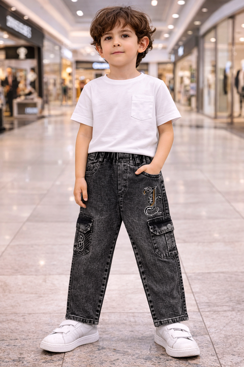 Kids Dark Grey Denim Cargo Jeans – Imported, Soft & Wrinkle-Free