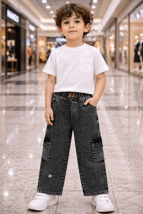 Kids Dark Grey Denim Cargo Jeans – Imported, Soft & Wrinkle-Free