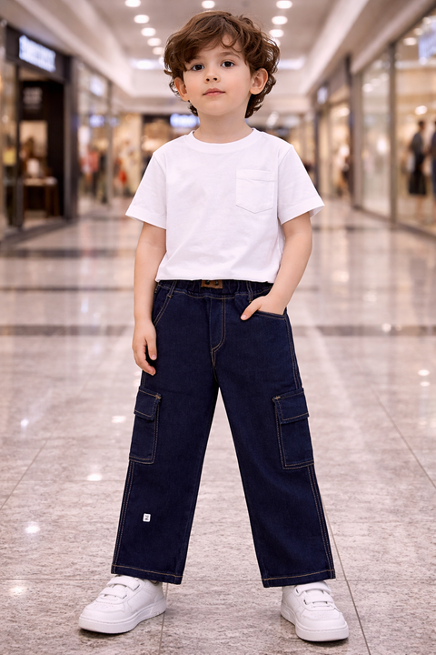 Kids Dark Blue Denim Cargo Jeans – Imported, Soft & Wrinkle-Free