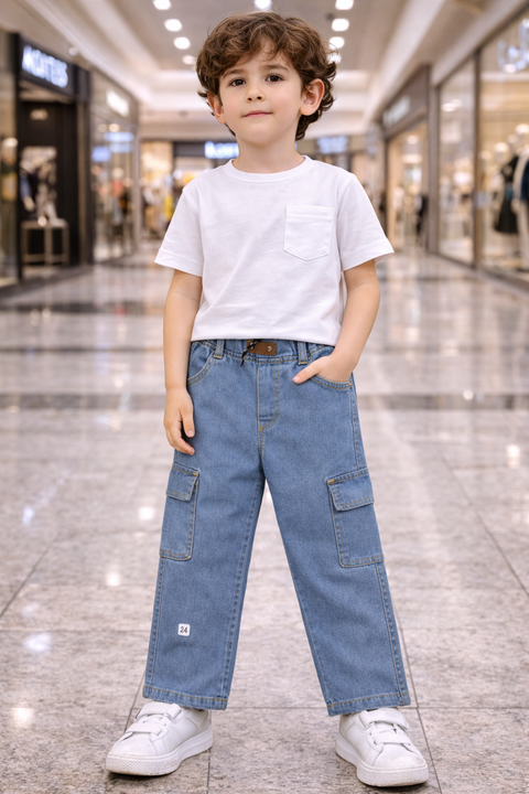 Kids Light Blue Denim Cargo Jeans – Imported, Soft & Wrinkle-Free