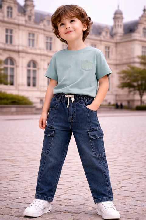 Kids Dark Blue Denim Cargo Jeans – Imported, Soft & Wrinkle-Free
