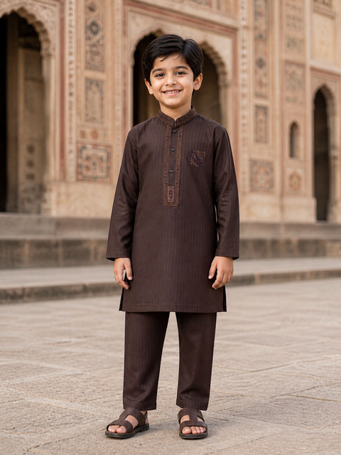 Brown Textured Kurta Pajama for Kids – Classic Fit
