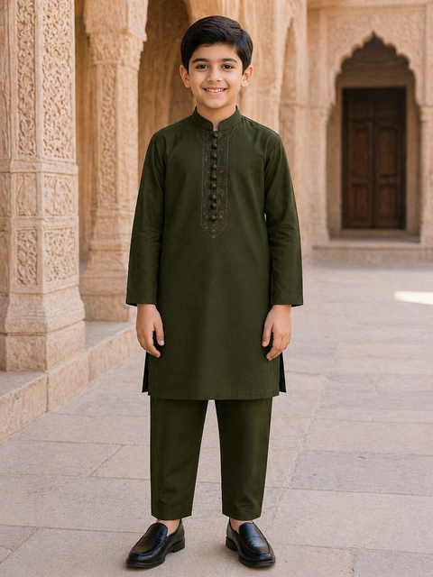 Olive Green Embroidered Kurta Pajama for Kids – Classic Fit