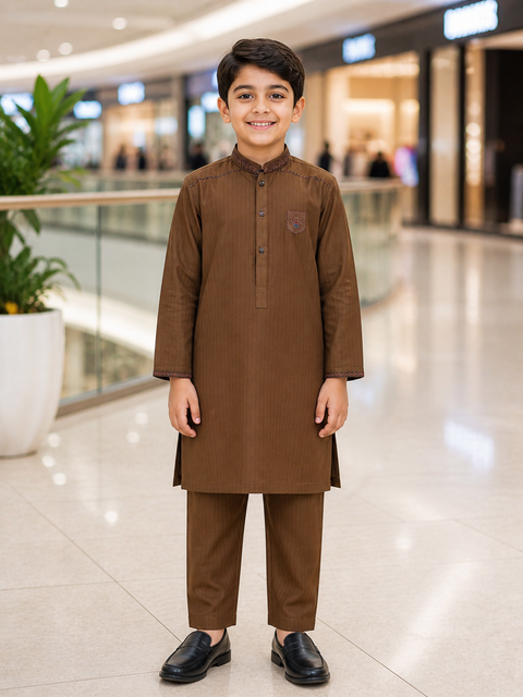 Boy's Classic Brown Kurta Pajama Set with Embroidered Collar
