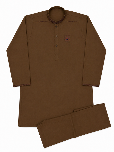 Boy's Classic Brown Kurta Pajama Set with Embroidered Collar