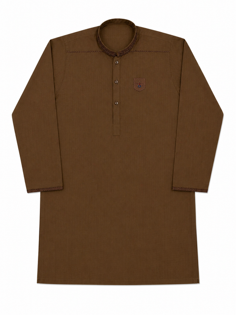 Boy's Classic Brown Kurta Pajama Set with Embroidered Collar