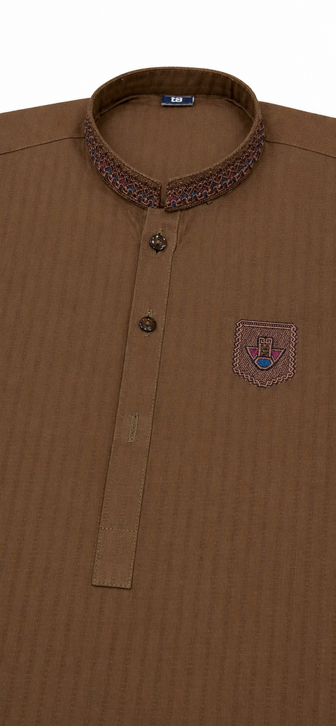 Boy's Classic Brown Kurta Pajama Set with Embroidered Collar