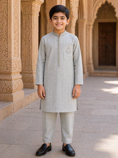 Light Grey Kurta Pajama for Kids – Elegant Embroidered Design