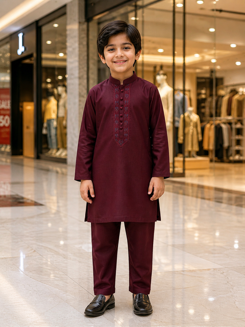 Maroon Embroidered Kurta Pajama for Kids – Classic Traditional Fit
