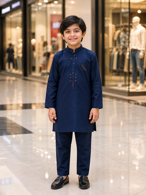 Navy Blue Textured Kurta Pajama for Kids – Classic Fit