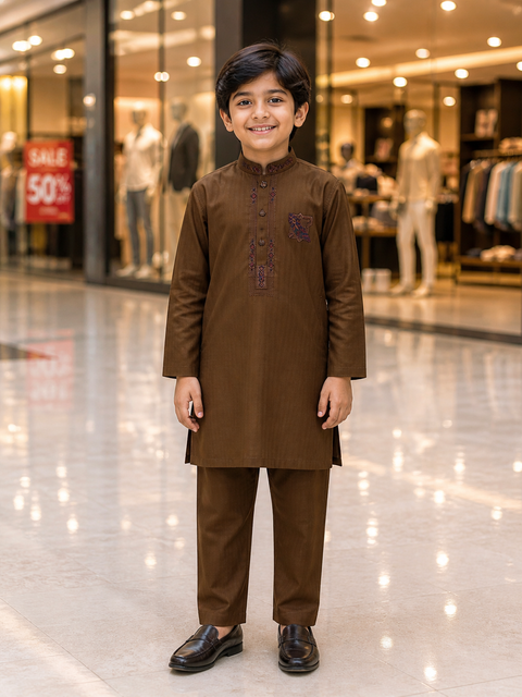 Brown Textured Kurta Pajama for Kids – Classic Fit