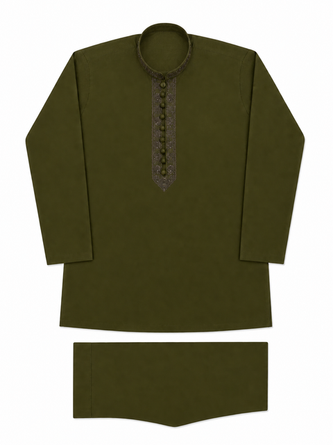 Olive Green Embroidered Kurta Pajama for Kids – Classic Fit