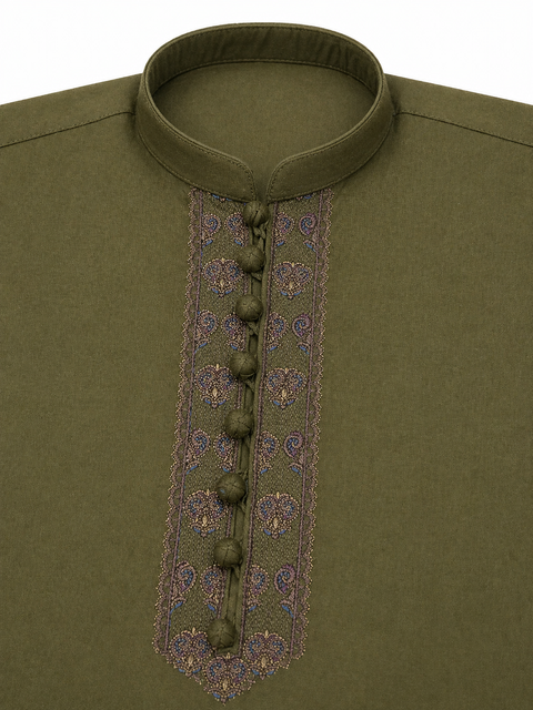 Olive Green Embroidered Kurta Pajama for Kids – Classic Fit