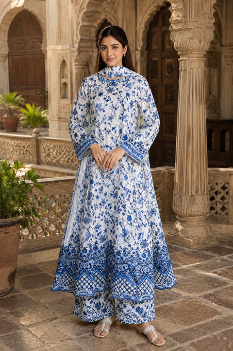 White & Royal Blue Premium Lawn Printed 3 Piece Suit for Women | Summer Collection