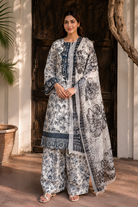 Black & White Premium Lawn Printed 3 Piece Suit for Women | Elegant Summer Collection