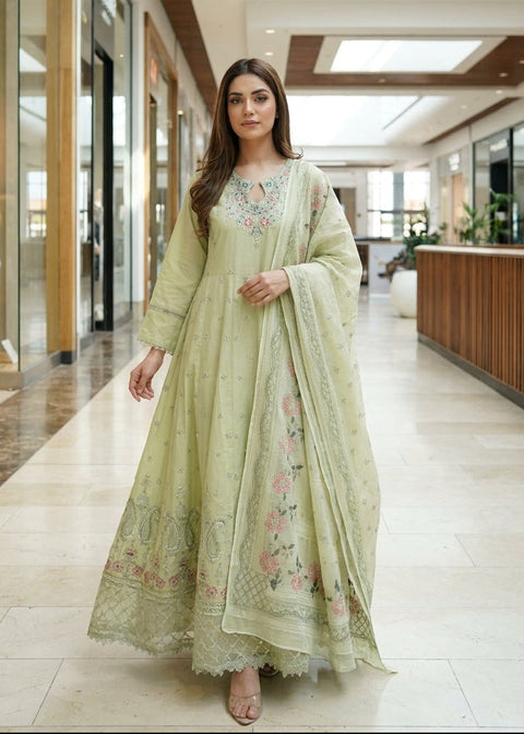 Pastel Pistachio Embroidered Lawn Frock with Printed Dupatta