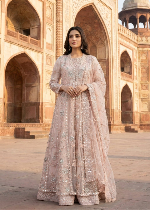 Blush Pink Luxury Net Maxi with Masoori Inner & Silk Trouser