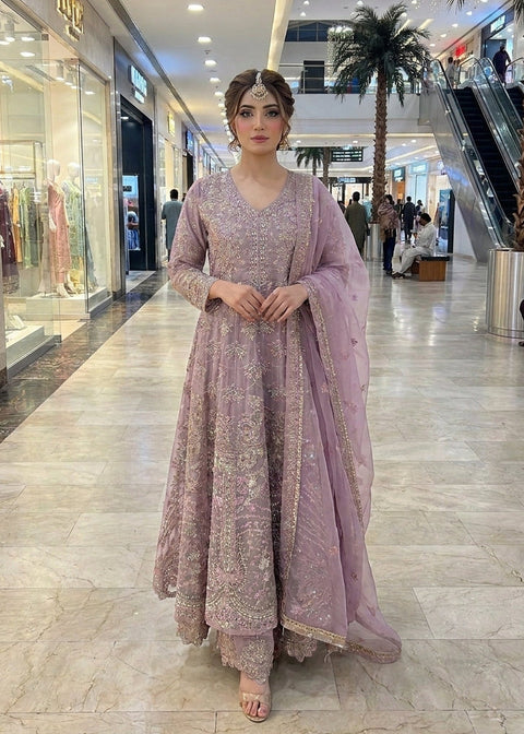 Dusty Lilac Luxury Net Maxi with Masoori Inner & Silk Trouser
