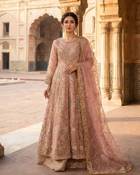 Rose Gold Luxury Net Maxi with Masoori Inner & Silk Trouser