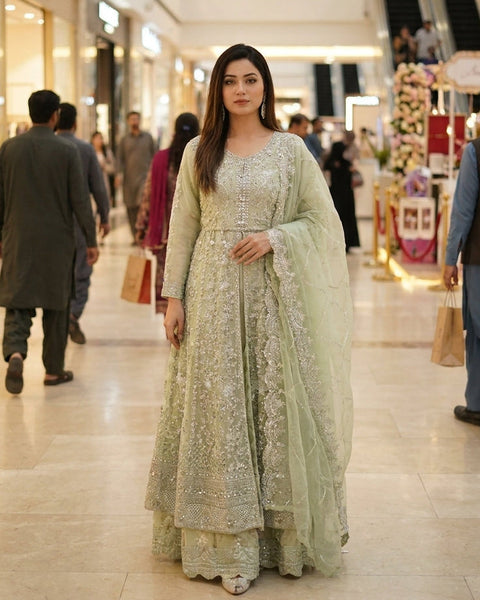 Sage Green Luxury Net Maxi with Masoori Inner & Silk Trouser