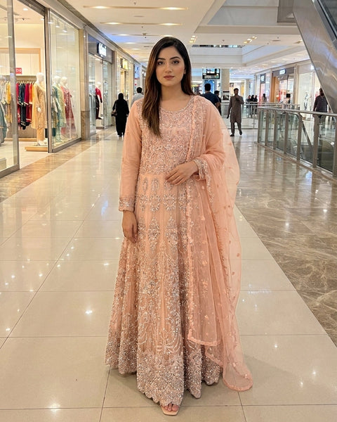 Peach Blush Luxury Net Maxi with Masoori Inner & Silk Trouser