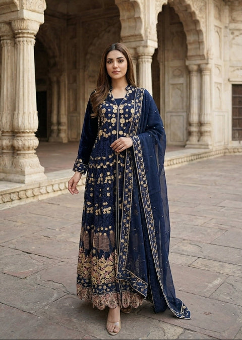 Midnight Blue Luxury Chiffon Maxi with Cotton Silk Inner & Cotton Silk Trouser