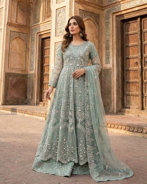 Mint Green Luxury Net Maxi with Masoori Inner & Organza Dupatta