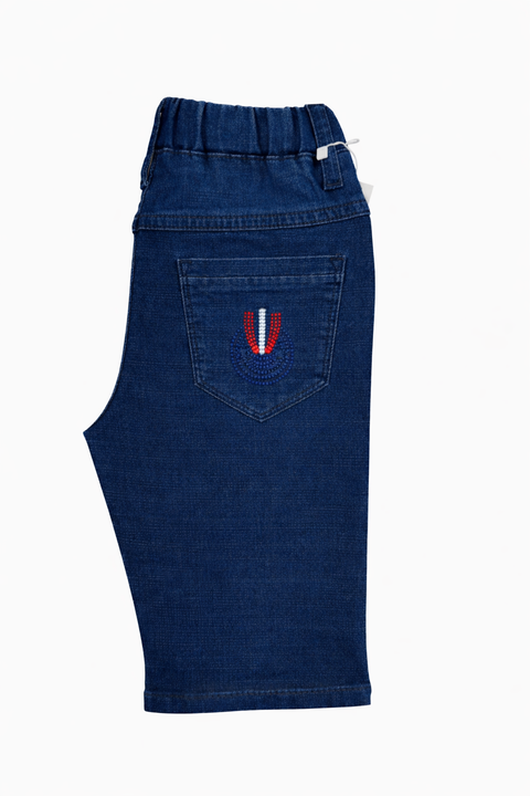 Boys Dark Blue Denim Shorts with Print – Comfortable Summer Wear