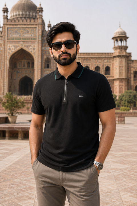 Imported Premium Black Polo Shirt with Contrast Collar