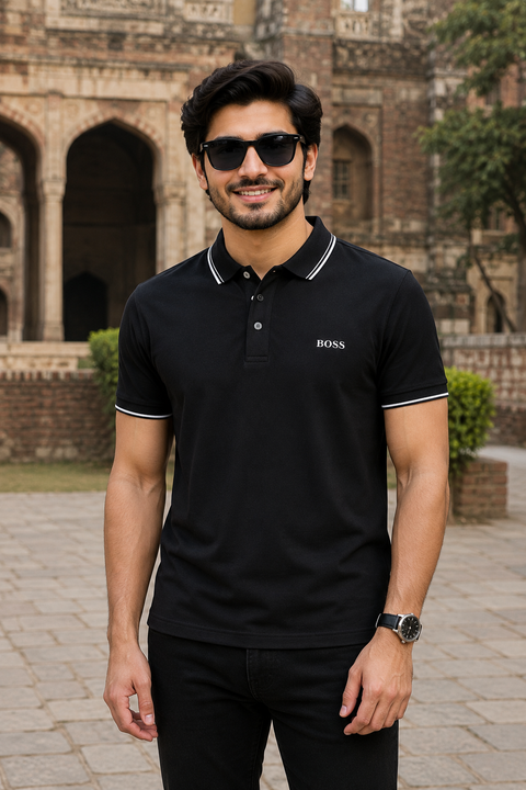 Imported Premium Black Polo Shirt with Contrast Collar