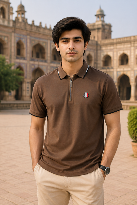 Premium Brown Zip-Collar Polo Shirt – Imported Fabric