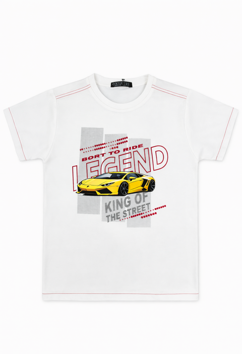 Kids Casual White Tee with Sports Car Graphic